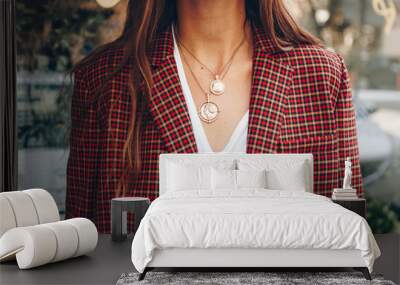 fashion blogger outfit details. fashionable woman check plaid blazer, white t shirt and chunky round coin chain necklace. detail of a perfect fall fashion 2018 outfit. Wall mural