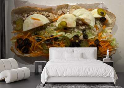 Sub roll with egg, carrot, chicken and vegetables Wall mural