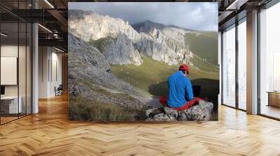 A man works on a laptop sitting on top of a mountain. Wall mural