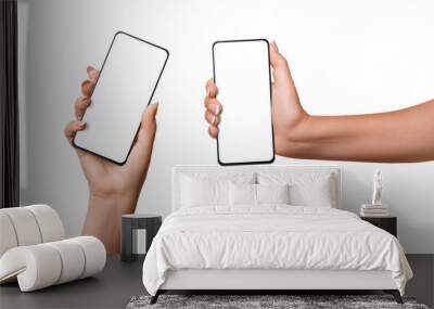 A woman's hand holds a phone with a blank screen. Two angles. on isolated transparent background Wall mural