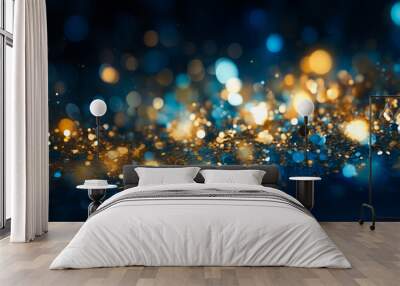 Abstract background - shiny gold with defocused lights in the night, garland lights, bokeh on dark blue background. AI generation Wall mural