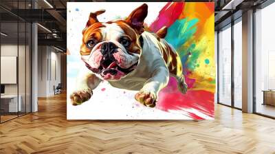 A Joyful Bulldog runs covered in paint colorful Isolated on white background Wall mural