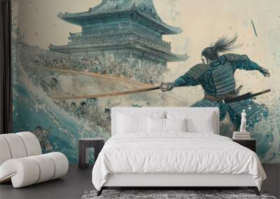 Japanese woodblock print of a samurai fighting Wall mural