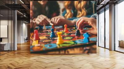 Depict a cozy board game night with friends gathered around a table playing a logic-based board game.  Wall mural