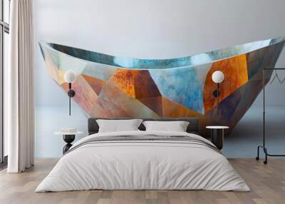 Depict an artistic interpretation of a bath tub with unique and creative design elements. Use abstract shapes, vibrant colors, or unconventional materials to showcase the tub as a piece of art. Wall mural