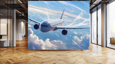 Depict an express flight experience, with an airplane soaring through the sky at high speed, leaving a trail of contrails.  Wall mural