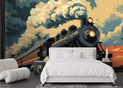 Illustrate a classic steam locomotive puffing out clouds of steam and smoke, with its iconic design and details, evoking a sense of nostalgia and the golden age of rail travel. Wall mural