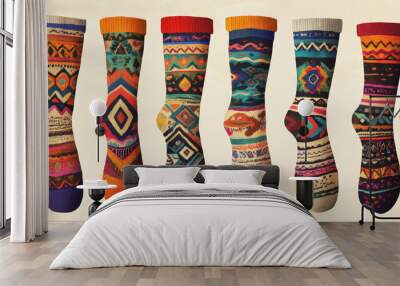 Illustrate traditional or culturally significant socks from different regions, showcasing their unique patterns, materials, and historical significance.  Wall mural