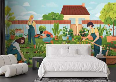 People tending to gardens, planting flowers, harvesting vegetables, or simply enjoying the tranquility of a well-kept garden. Include various plants and gardening tools. Wall mural