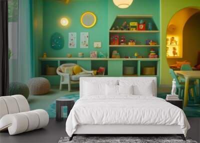 Use a warm palette of greens, blues, and yellows with soft glowing accents for a friendly atmosphere. Bright colors should create a fun vibe that's engaging for children without being overwhelming. Wall mural