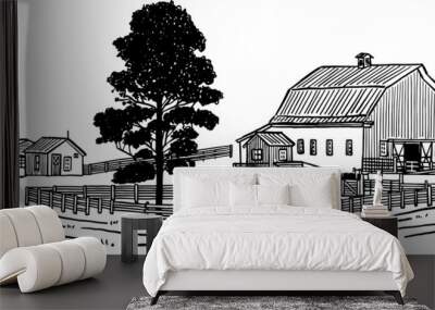 Barn and farmhouse with big tree landscape Hand drawn line art illustration classic style Wall mural