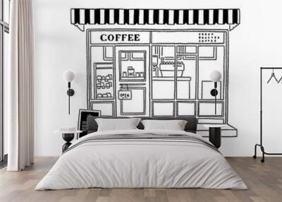 Coffee shop Cafe with seats and menu sign Window display Small Business Hand drawn line art illustration Wall mural