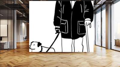 Old man with walking stick with Dog elderly People lifestyle with pet Hand drawn line art illustration Wall mural