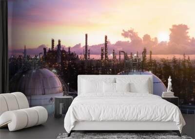 Gas storage spheres tank in petrochemical plant at dawn Wall mural