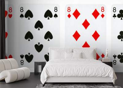 Four Playing Cards Isolated on White Background, Showing Eights from Each Suit - Hearts, Clubs, SFour Playing Cards Isolated on White Background, Showing Eights fropades and Diamonds - High resolution Wall mural