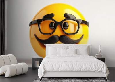 smiley face emoticon with mustache and glasses, white background Wall mural