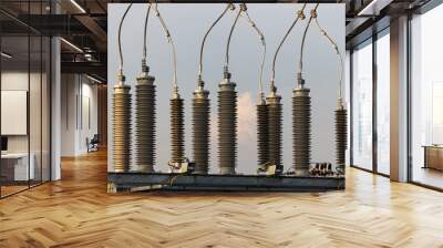 High voltage post, High voltage tower, show with high voltage construction and power lines. Wall mural