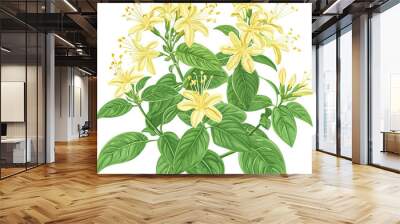 A seamless pattern of yellow flowers and green leaves on a white background, capturing the beauty of spring and summer in a floral design Wall mural