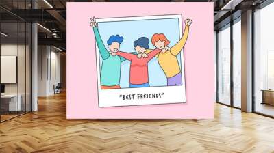 best friends forever group people hugging together and pose take portrait inside instant photo paper for happy youth friendship day cartoon doodle style vector illustration Wall mural