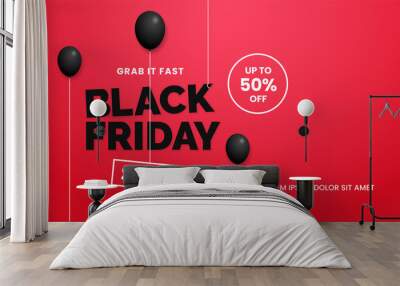 Black friday sale poster background social media promotion template web banner design with black balloon ornament on red backdrop wall vector illustration Wall mural