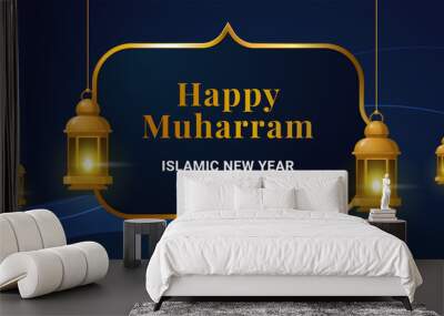 Happy muharram islamic new hijri year background design. Golden frame hanging traditional lantern lamp vector illustration on abstract backdrop. Muslim community festival banner template design. Wall mural