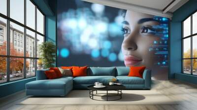 A close-up of a woman with digital elements, symbolizing technology and innovation in artificial intelligence and data processing. Wall mural