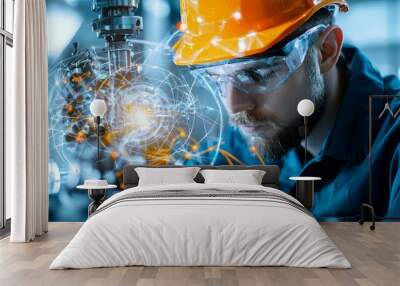 A focused engineer working with advanced technology in a modern industrial setting, wearing protective gear and a hard hat. Wall mural