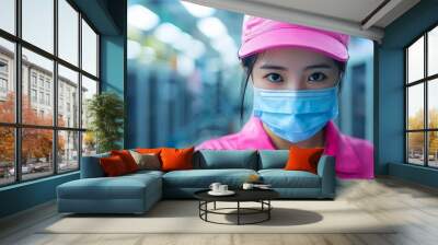 A focused female technician in a pink outfit and mask works in a high-tech server room, showcasing modern technology and dedication. Wall mural