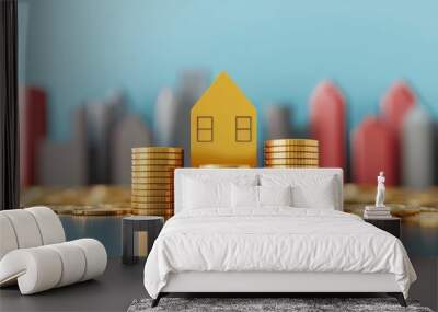 A golden house model atop stacked coins, symbolizing real estate investment and financial growth against a city skyline. Wall mural