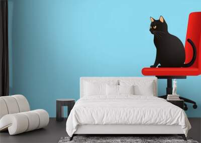 A playful black cat sitting on a red swivel chair against a blue background, ideal for pet and interior design imagery. Wall mural