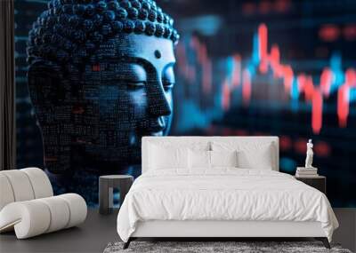 A serene Buddha statue illuminated by colorful digital graphs representing harmony between spirituality and technology. Wall mural