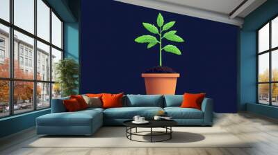 A vibrant green plant emerging from a terra cotta pot, symbolizing growth and nature's beauty against a dark background. Wall mural