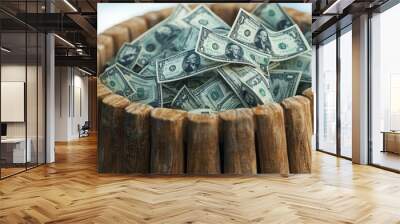 A wooden barrel overflowing with cash, symbolizing abundance, wealth, and financial success in a vibrant outdoor setting. Wall mural