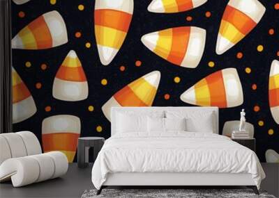 Colorful candy corn Seamless, pattern on a black background, perfect for Halloween designs and seasonal decorations. Wall mural