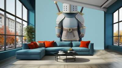 Medieval-style cartoon knight in full armor with two swords on his back, standing against a light blue background. Wall mural