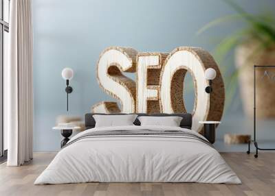 Stylish wooden SEO letters placed on a table with a soft background, symbolizing digital marketing and online presence. Wall mural