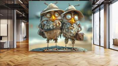 Two cute owls with big eyes wearing explorer hats and carrying luggage are ready for an adventure. Wall mural