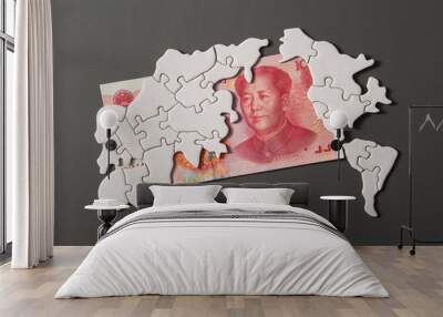 Chinese paper currency, world map  Wall mural