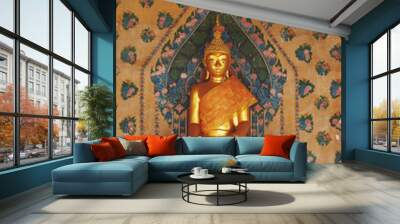 golden buddha statue,Southeast Asian traditional temple	 Wall mural