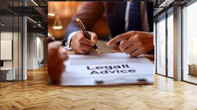 An attorney in a formal suit is shown giving legal consultation, with a document titled 'Legal Advice' on a polished wooden desk. Wall mural