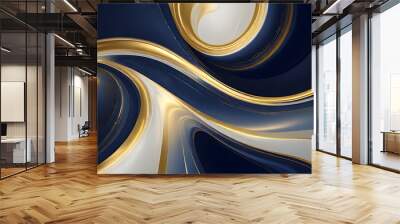 Abstract fluid swirls and curves composition in a harmonious deep blue, gold and pure white with sense of movement smooth gradient. Abstract fluid background. Generative AI. Wall mural