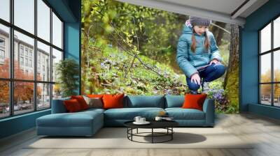 Adorable little girl picking the first flowers of spring in the woods Wall mural