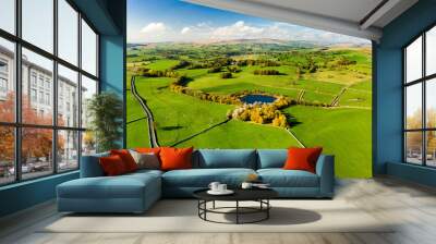 Aerial view of endless lush pastures and farmlands of England. Beautiful English countryside with emerald green fields and meadows. Wall mural