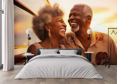 Beautiful retired senior couple enjoying cruise vacation. Senior man and woman having fun on a cruise ship. Old man and old lady travelling by sea. Wall mural