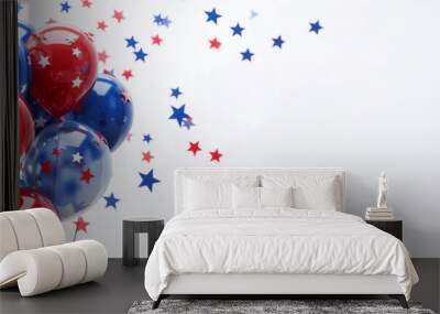 Blue, white and red balloons and stars confetti on a white background with copy space. Celebrating 4th of July banner. Wall mural