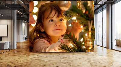 Cheerful father and his little child decorating Christmas tree together. Dad and his kid having great time hanging Christmas decorations on a tree. Bonding, quality time with parents. Wall mural