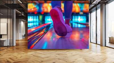 Close-up on legs of an adult playing bowling with glowing bowling ball. Active leisure for young adults. Wall mural