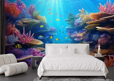 Colourful fish swimming in underwater coral reef landscape. Deep blue ocean with colorful fish and marine life. Wall mural