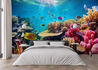 Colourful fish swimming in underwater coral reef landscape. Deep blue ocean with colorful fish and marine life. Wall mural