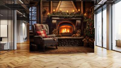 Cozy dark rustic living room with big floor to ceiling windows and a fireplace, decorated for Christmas. Wall mural